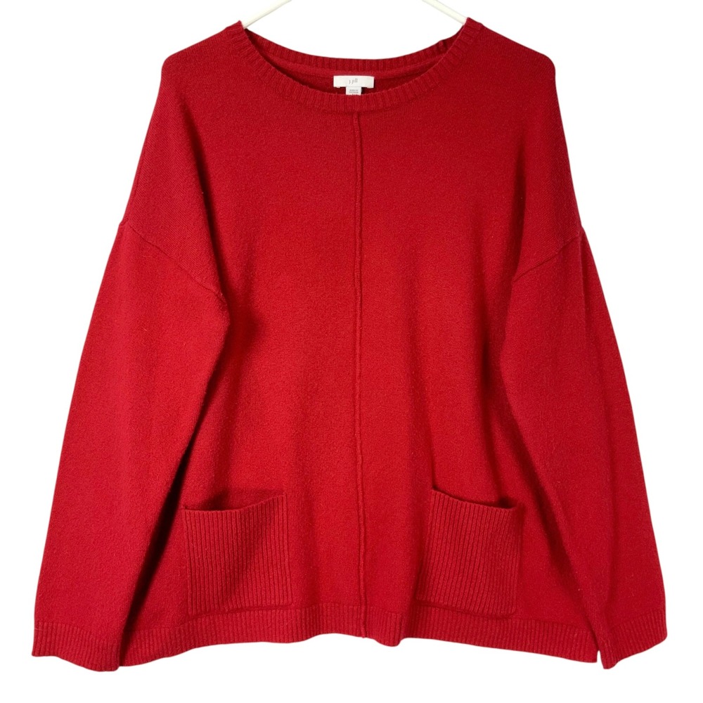 J. Jill Red Pullover Sweater M Petite Pullover Crew Neck Long Sleeve Pockets